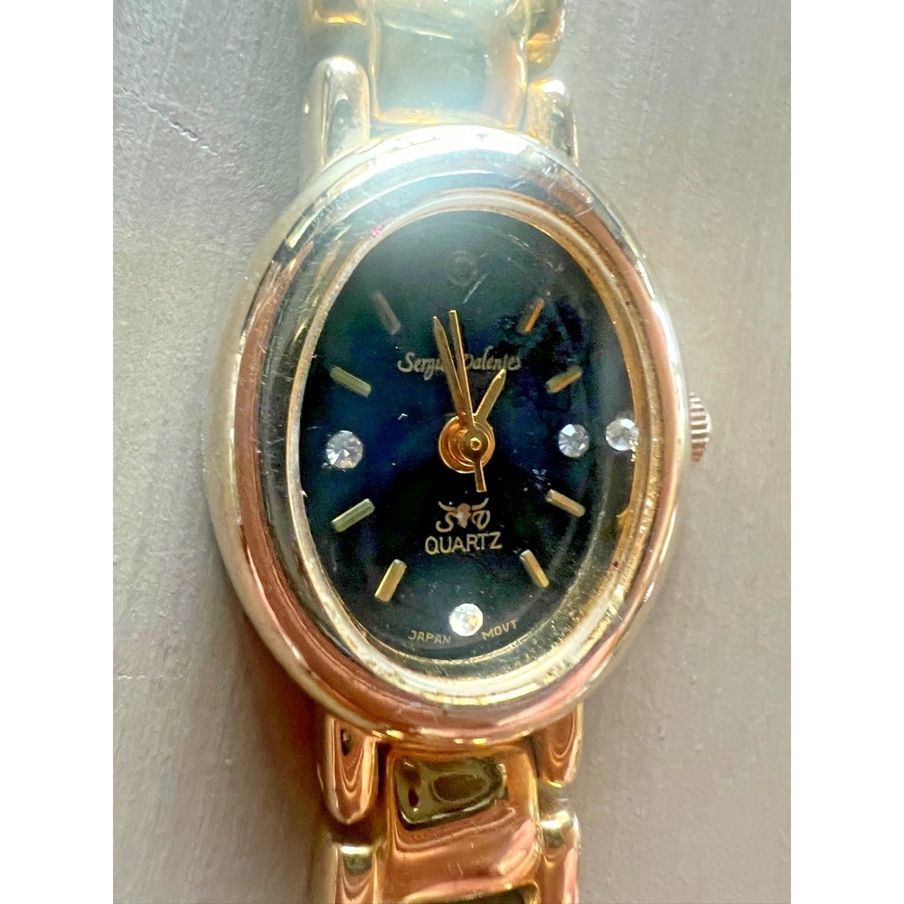 Sergio Valente Women's Watch Gold Tone Oval Black Dial Crystal Japan Mov't Dress